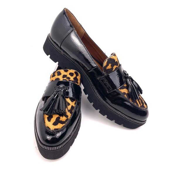 Franco Sarto Shoes - Franco Sarto Womens Black Patent Leather & Leopard Print Tassel Loafers Size 9M